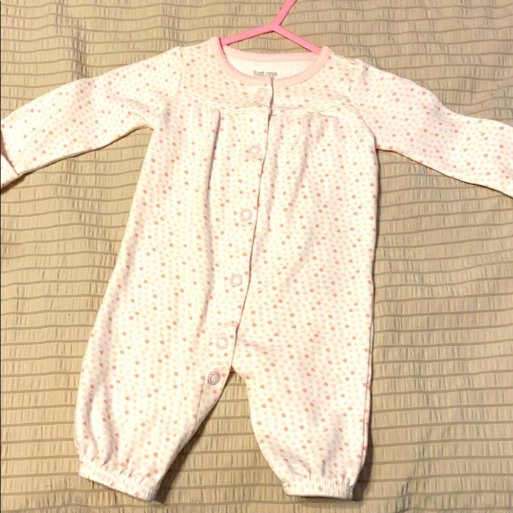 Baby wonzy with mittens atached with  pink dots